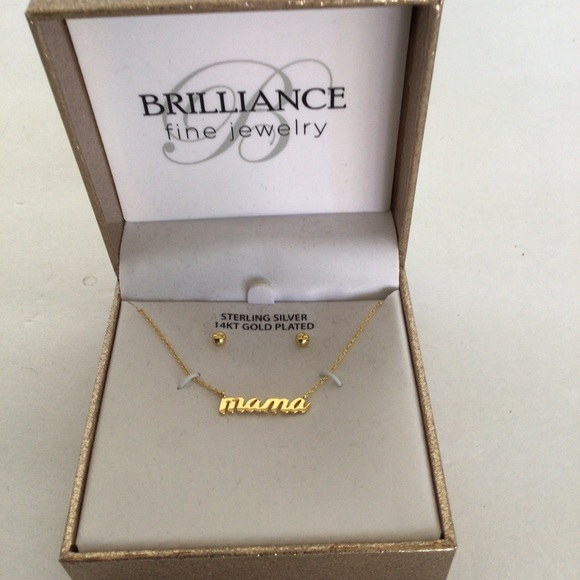 BRILLIANCE 14K GOLD PLATED STERLING SILVER MAMA NECKLACE & EARRING SET NWT - Picture 3 of 7